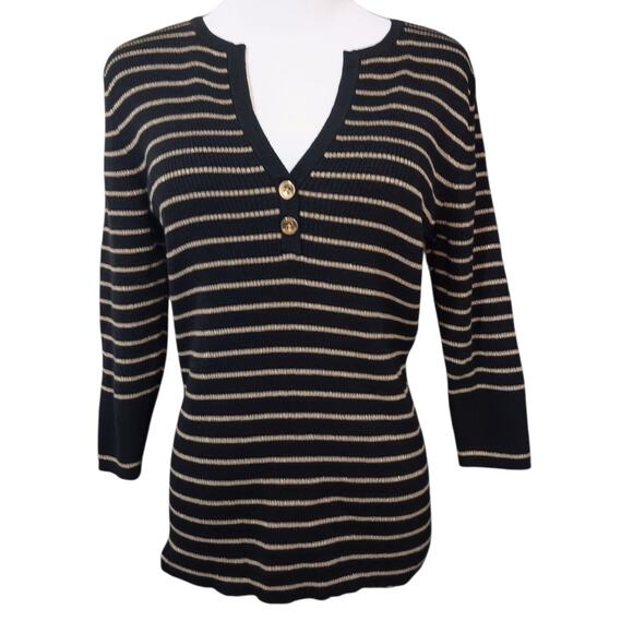 RALPH LAUREN Sweater Large PETITE Black Gold Stripes VNeck Casual Career Classic - Picture 1 of 7